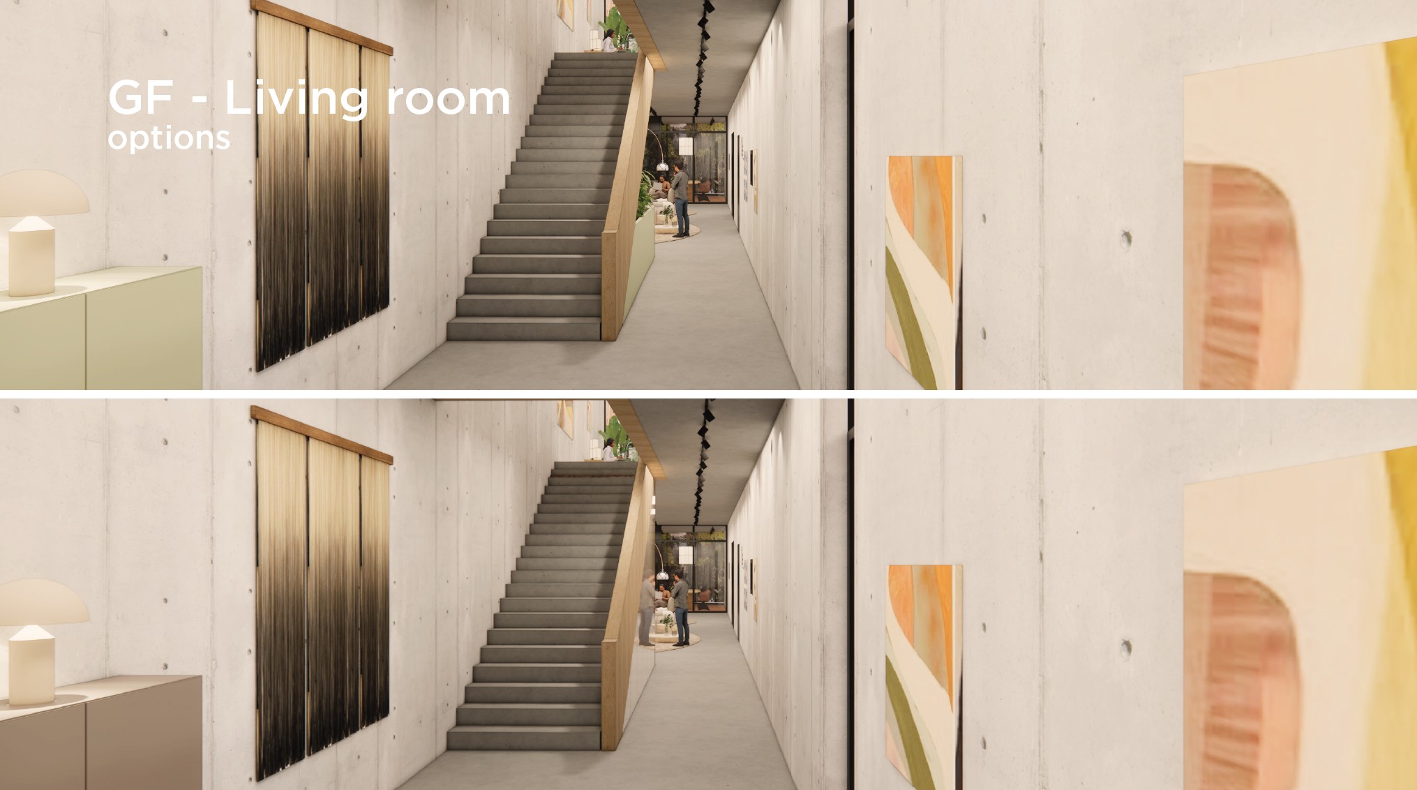 Twee interieurvisualisaties van de begane grond in een woning aan de Fred. Roeskestraat, met een betonnen gang, trap en kunst aan de muur.